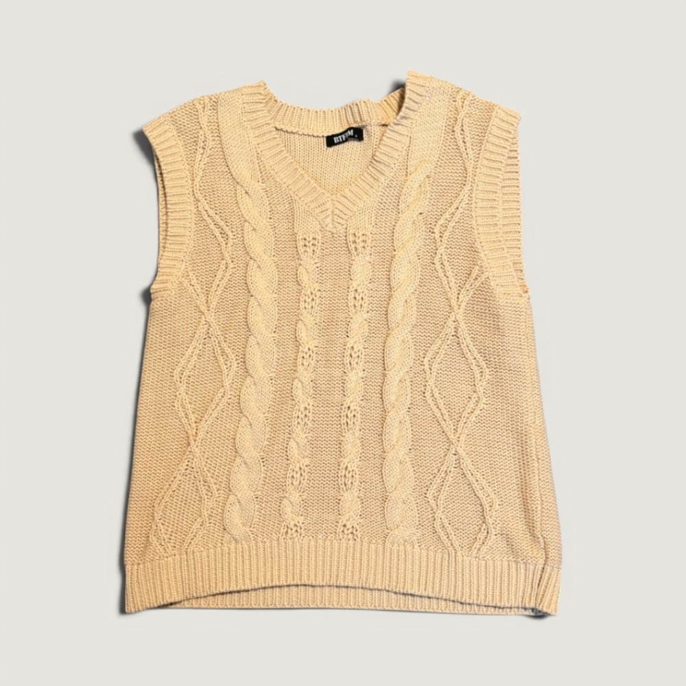 BTFBM Beige Cable Knit V-Neck Sweater Vest 100% Cotton Tan Size L 9021